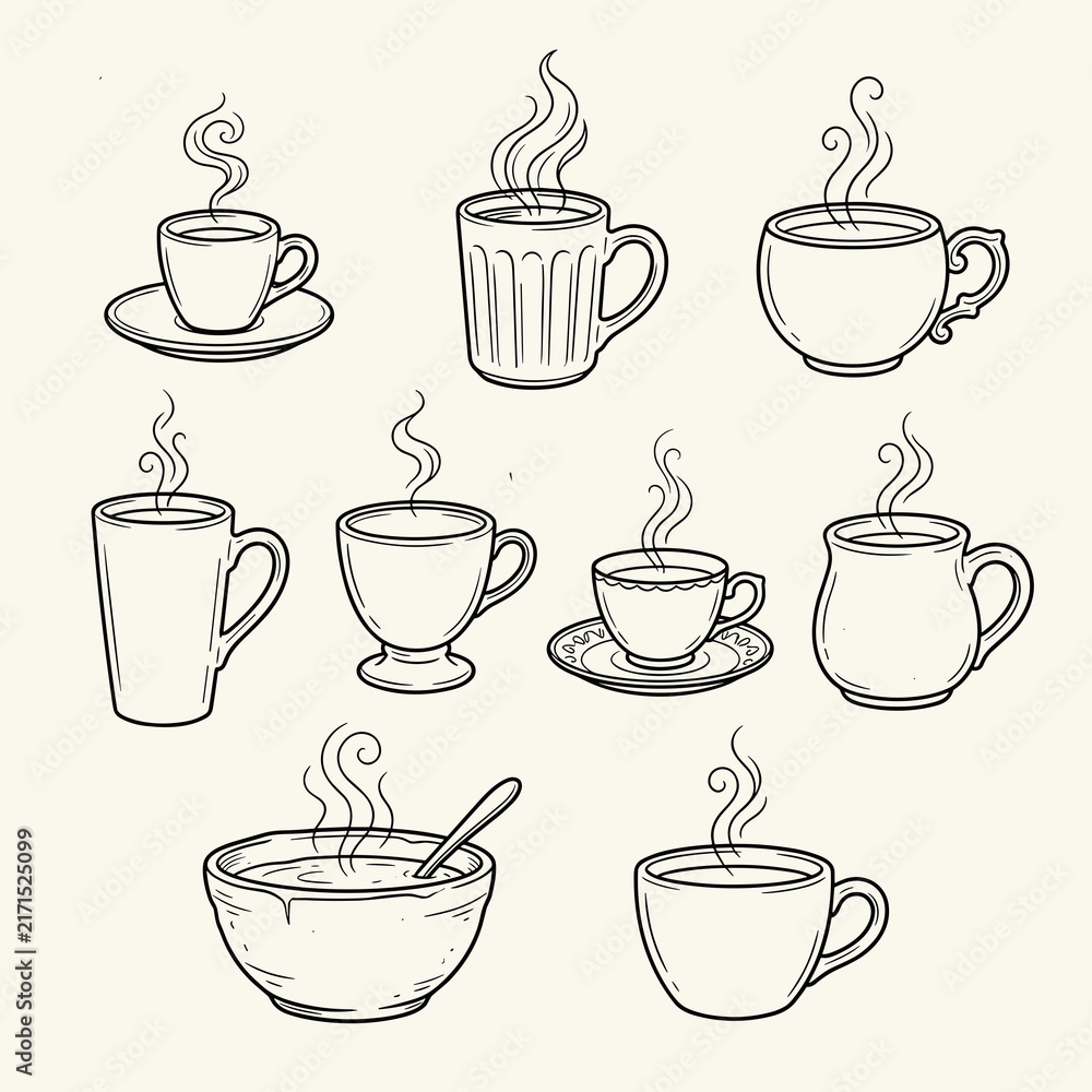 Obraz premium Hand Drawn Collection of Steaming Hot Beverage Cups and Bowls