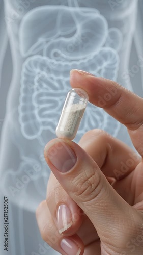 Gut microbiome imbalance concept featuring hand holding probiotic capsule supplement before translucent digestive system illustration, supporting intestine health, digestive wellness, and microbiome