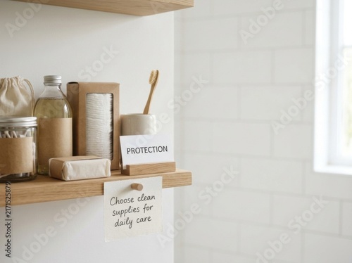 Minimalist wooden shelf in a white bathroom containing sustainable hygiene products like a bamboo toothbrush, glass containers, soap, and cotton pads with a note about clean supplies.