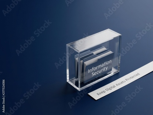 Information Security Folders Inside a Clear Acrylic Protective Case on a Dark Navy Background with a Silver Plaque Stating Keep Digital Assets Protected for Cybersecurity Concepts.