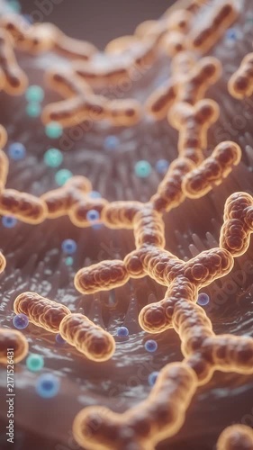 Gut Microbiome Imbalance Visualized Through Glowing Beneficial Bacteria Among Intestinal Villi, Detailed Microorganism Biology, Digestive Health Research, Abstract Clinical Scientific Texture