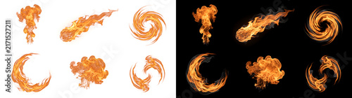 Bild auf Leinwand Collection of orange fire flame swirls with ring vortex and burning fireball for