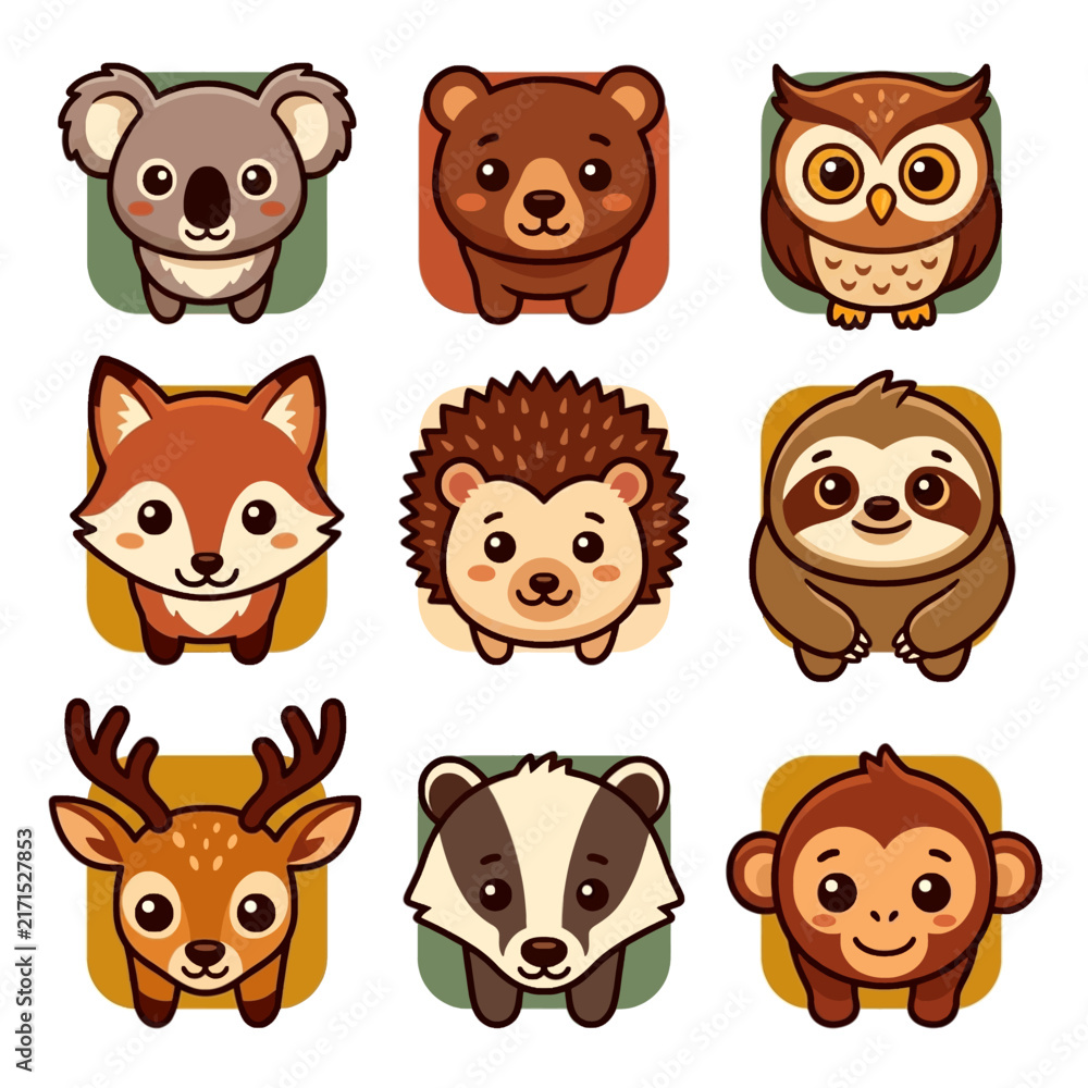 Naklejka premium Colorful Cartoon Animal Faces Collection.