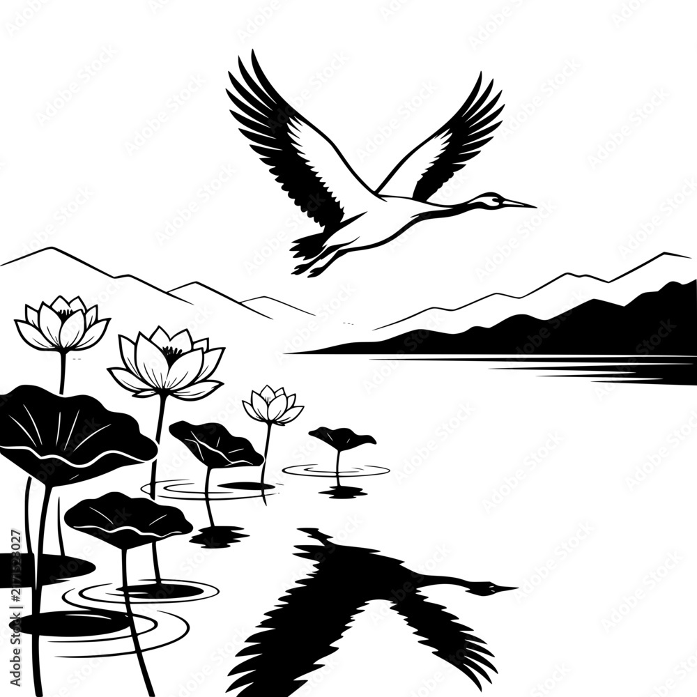 Naklejka premium Crane Flying Above Lake with Lotus Flowers and Mountains Black and White Vector SVG
