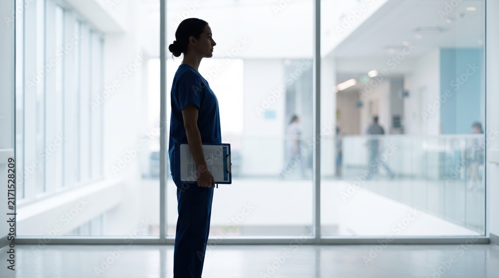 Fototapeta premium Professional female nurse in blue scrubs standing in modern hospital corridor holding clipboard, healthcare worker silhouette looking through glass window, medical staff waiting