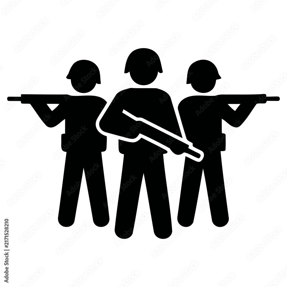 Obraz premium Minimalist vector illustration depicting a group of three armed soldiers in uniform standing ready for combat mission tasks in a professional graphic style