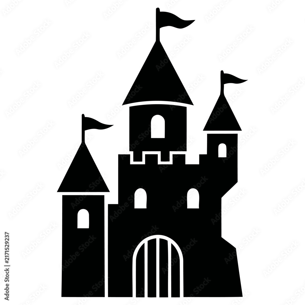 Fototapeta premium Elegant medieval castle silhouette vector illustration featuring tall stone towers with pointed roofs and floating flags suitable for creative fairy tale design projects