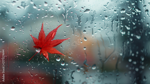 Red Autumn Leaf Stuck on Rain Covered Window With Soft Blurred Background