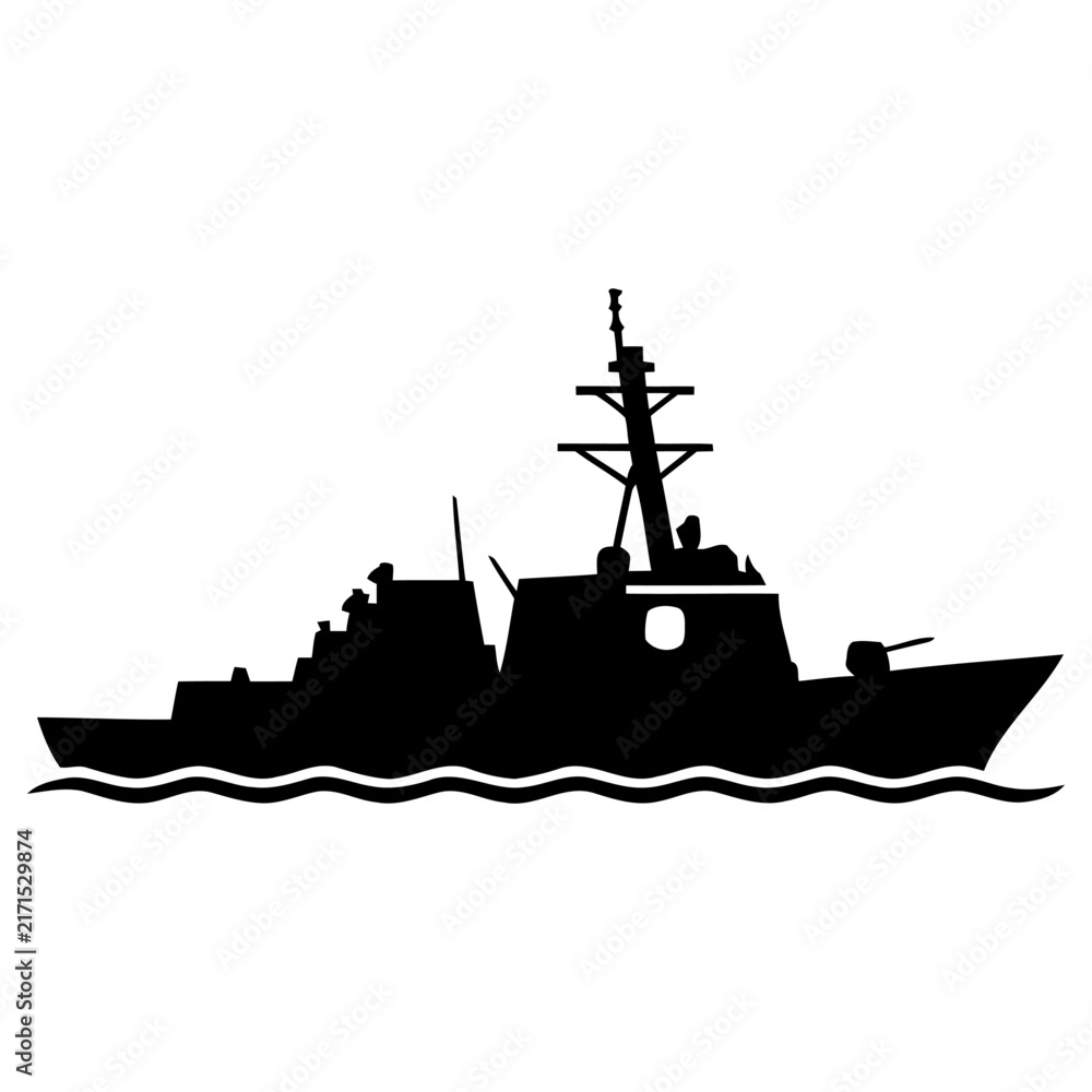 Obraz premium Detailed black silhouette vector illustration of a modern naval warship sailing on water representing military defense power and maritime security for graphic designs