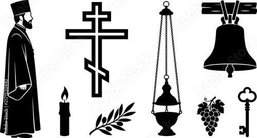 Bild auf Leinwand Eastern Orthodox Christian Church Silhouette Set Featuring Priest in Cassock Rus