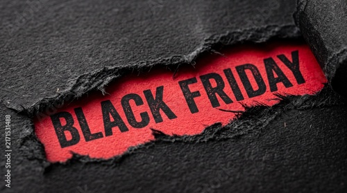 Black Friday Sale Announcement Ripped Paper Reveal with Bold Text on Red Background