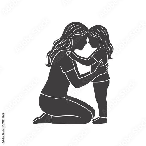 Obraz na plátně Silhouette of Mother Kneeling and Embracing Her Young Daughter Tenderly Vector