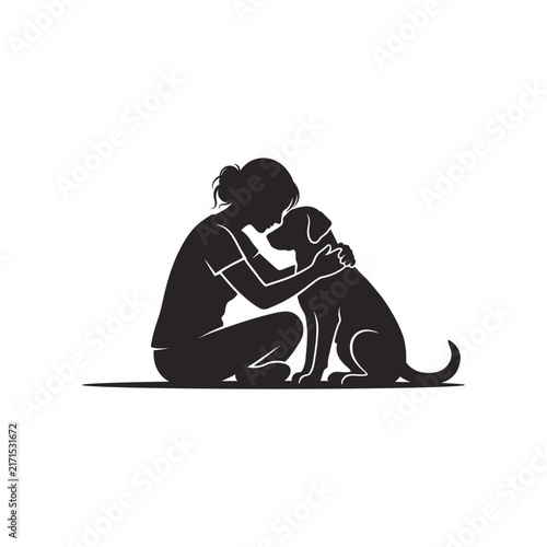 Foto Silhouette of Woman Sitting and Comforting Her Sitting Dog Tenderly Vector