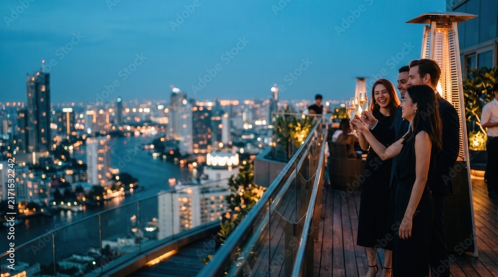 Obraz premium Friends raising champagne flutes for a toast on a luxury rooftop balcony. Friends celebrate at a terrace lounge overlooking a bokeh city skyline with urban lights and river at night.