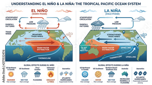Pacific ocean system infographic compares the atmospheric and oceanic circulation patterns during the contrasting El Niño and La Niña climate phases.