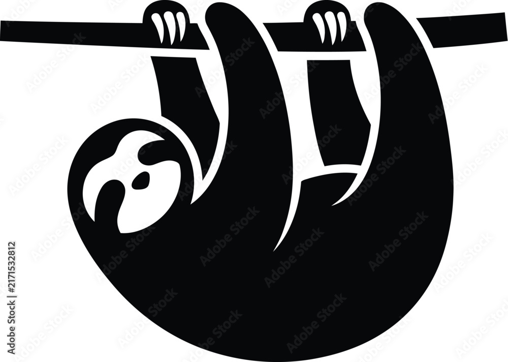 Naklejka premium Sloth hanging from a branch silhouette icon for jungle and exotic wildlife themes.