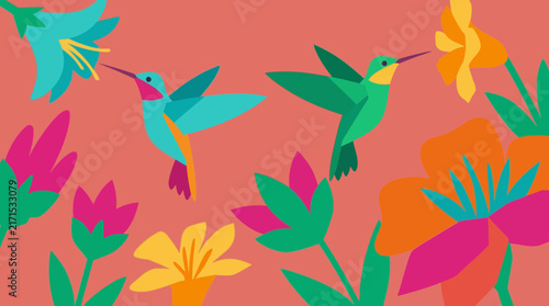 Colorful flat vector illustration of hummingbirds flying among vibrant tropical flowers.