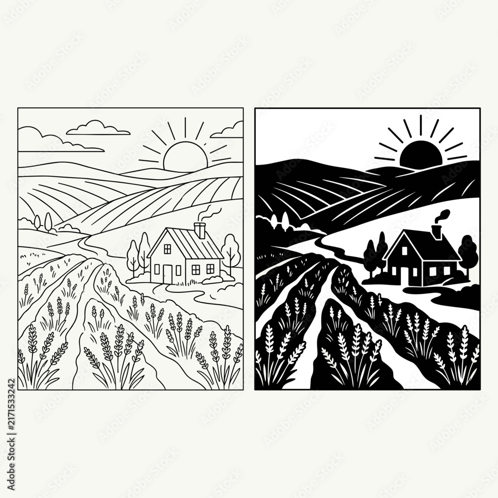 Naklejka premium Rural Landscape with Farmhouse and Fields Line Art and Silhouette