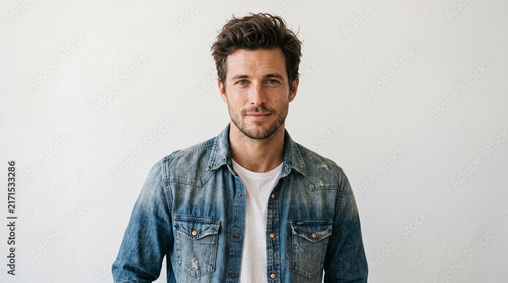 Obraz premium Portrait of a handsome young man with messy hair and stubble wearing a denim shirt over a white tshirt, looking at the camera, isolated on white background