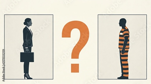 Businesswoman and Jail Cell Inmate Facing Each Other with Question Mark in Center