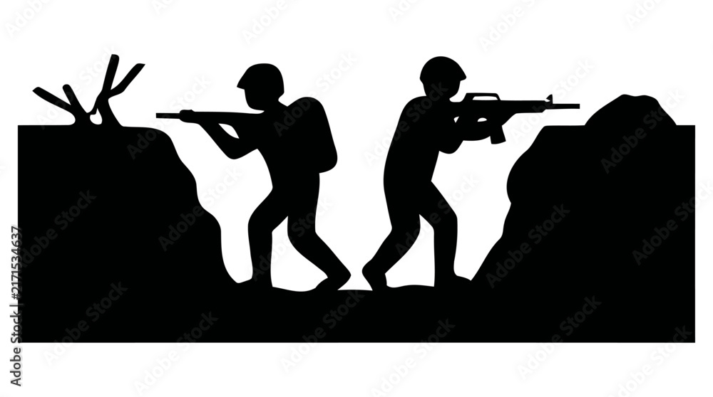 Obraz premium Black silhouette vector illustration of two army soldiers holding rifles while standing inside a trench during a combat mission on the front lines