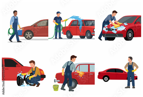 Flat Vector Illustration Set of Professional Car Wash Service Workers Cleaning Red Vehicles