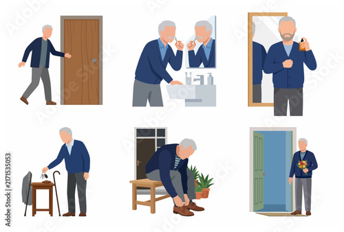 Senior man getting ready for a date flat vector illustration set. Elderly man grooming, putting on shoes, and holding flowers.