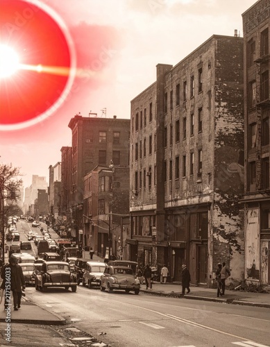 Busy urban street with vintage cars and light flare.