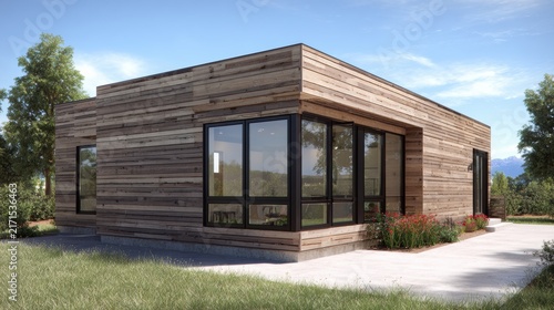 Scandinavian ADU Modern single-story wooden house with large windows surrounded by grass and trees under a clear sky.