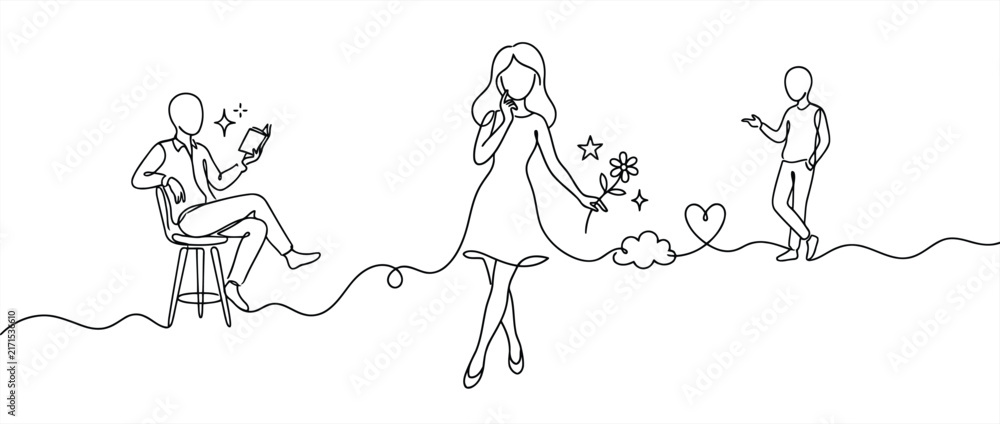 Obraz premium Premium continuous line drawing of a woman standing between two men, one reading a book and the other gesturing, symbolizing choice and relationships