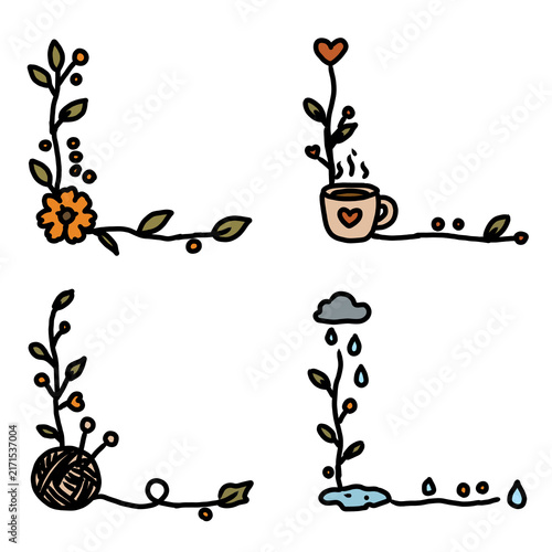 Hand Drawn Cozy Seasonal Decorative Corner Elements Set.Hand-drawn decorative corner elements featuring botanical branches with autumn leaves and berries, a warm coffee cup, a ball of yarn, and a rain