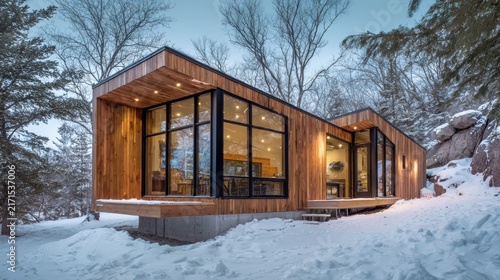 Scandinavian ADU Modern wooden house with large glass windows in a snowy forest setting during winter.