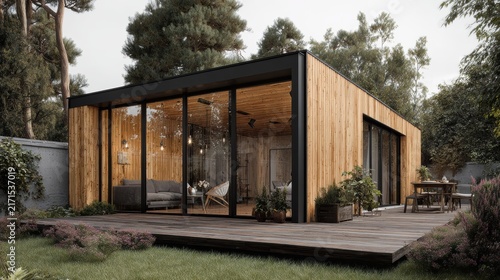 Scandinavian ADU Modern wooden cabin with large glass windows set in a forest, featuring outdoor seating and a wooden deck.