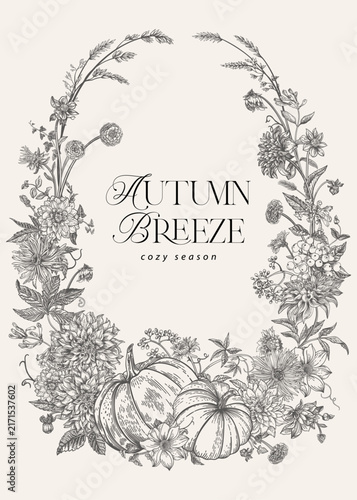 Vintage autumn wreath frame featuring pumpkins, flowers, herbs. Engraving style.  Black and white. Perfect for Thanksgiving, harvest festival invitations, greeting cards, seasonal decorations.