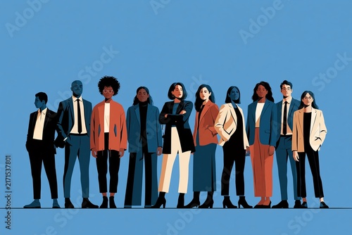 Diverse group of business professionals standing together against solid blue background