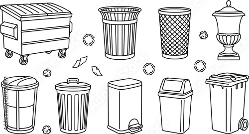 Bild auf Leinwand Trash can vector line art set with dumpster waste bins recycling containers garb