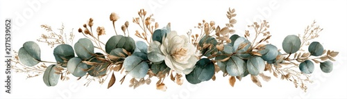 Watercolor eucalyptus leaves and white rose floral garland border with golden twigs