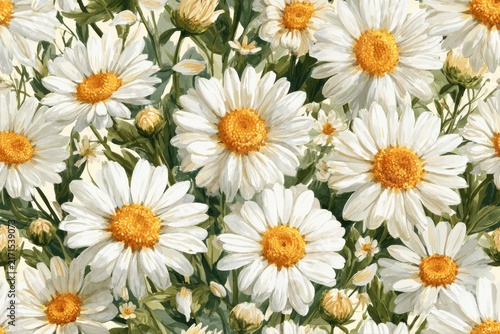 Watercolor white daisy flowers dense floral seamless pattern design