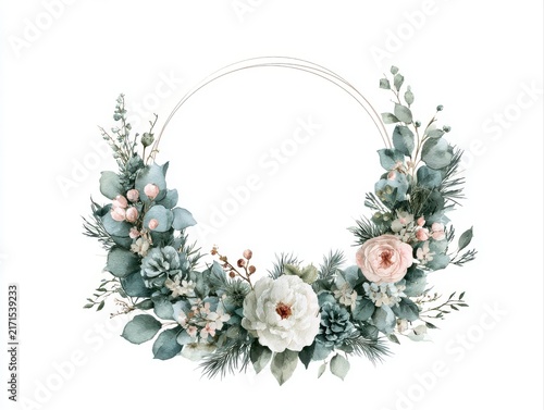 Watercolor botanical wreath illustration with eucalyptus and white rose on white background