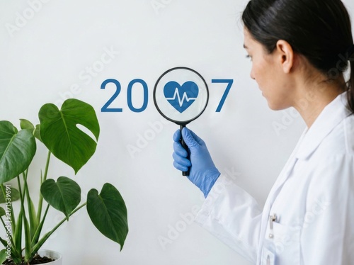Healthcare professional holding a magnifying glass over a heart icon representing the year 2027, isolated on white background