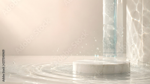 Premium luxury soap advertising background featuring a minimalist stone pedestal surrounded by crystal-clear water, translucent glass architecture, delicate water splashes and soft natural light, crea