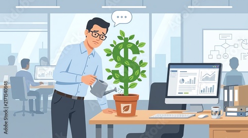 Businessman Watering Plant with Dollar Sign in Office Modern Workspace Financial Growth Concept