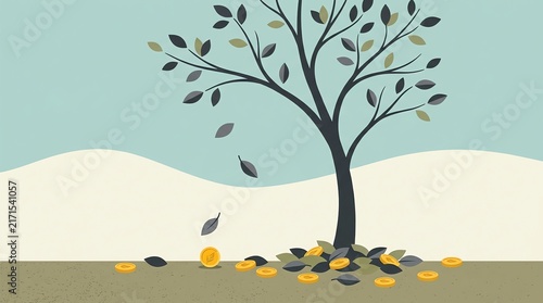 Illustration of a Tree with Falling Coins on Soil in Minimalist Style