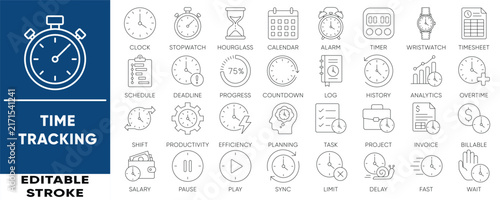 Time tracking and productivity line icon set. Editable stroke vector icons for clock, timer, deadline, schedule, and project. Clean modern design.