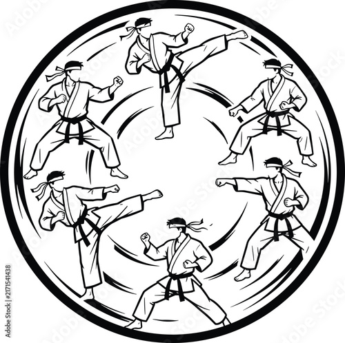 Fotografía Martial arts circular emblem with fighters practicing karate kicks and punches i