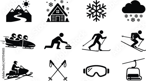 Photography Winter sports and mountain resort icon set featuring skiing snowboarding snowmob