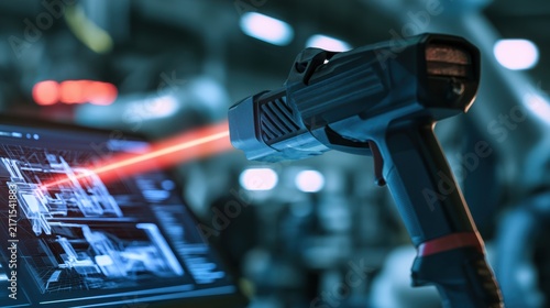 A futuristic barcode scanner emits a red laser beam onto a digital interface in a high-tech, industrial setting.