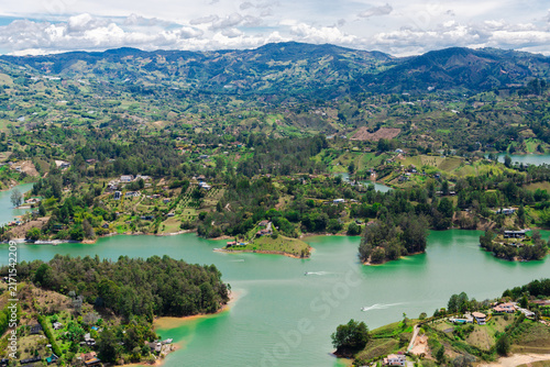 Guatape reservoir islands landscape with mountains aerial view