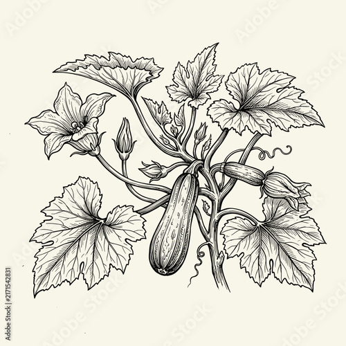 Zucchini Plant Hand Drawn Illustration Vegetable Flower Fruit Leaves