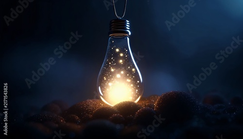 Glowing light bulb resting in dark blue mystical landscape